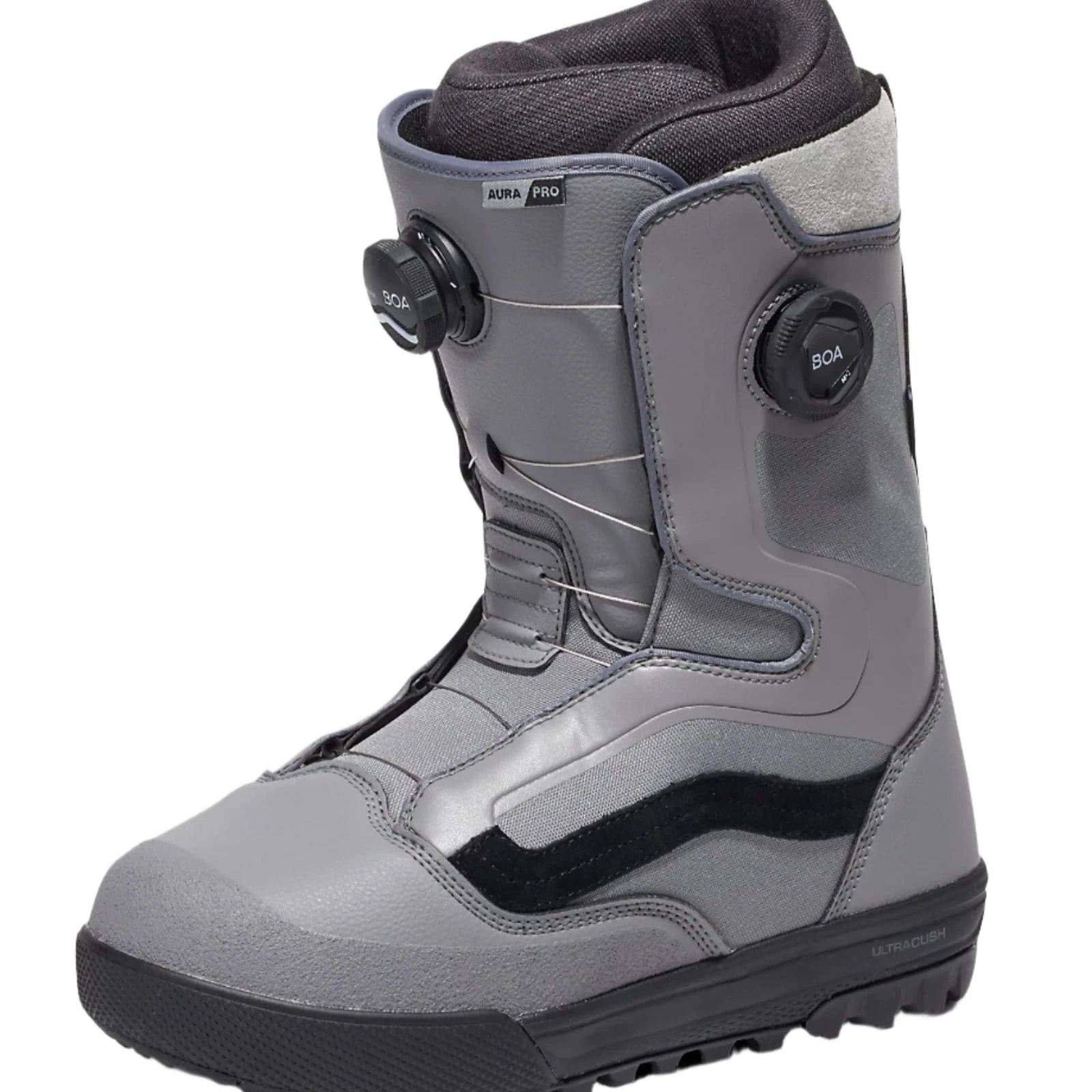 Vans Men's Aura Pro Snowboard Boot 2025 - A gray snowboard boot with a black logo on the side and a white strap.