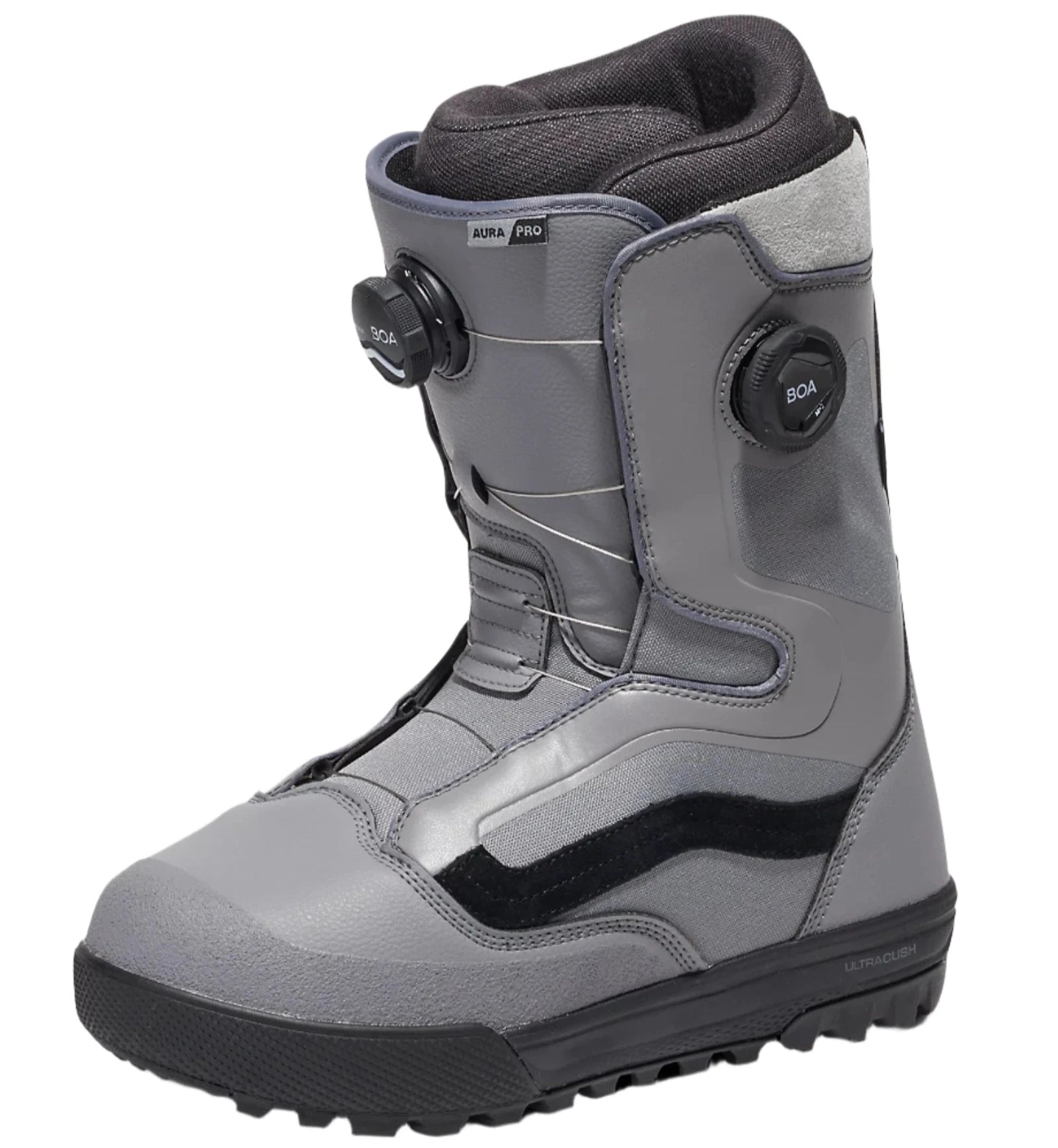 Vans Men's Aura Pro Snowboard Boot 2025 - A gray snowboard boot with a black logo on the side and a white strap.