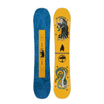 Arbor Junior's Votive Snowboard 2025 - A blue snowboard with a repeating pattern of white and black abstract shapes.