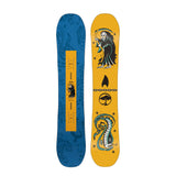 Arbor Junior's Votive Snowboard 2025 - A blue snowboard with a repeating pattern of white and black abstract shapes.