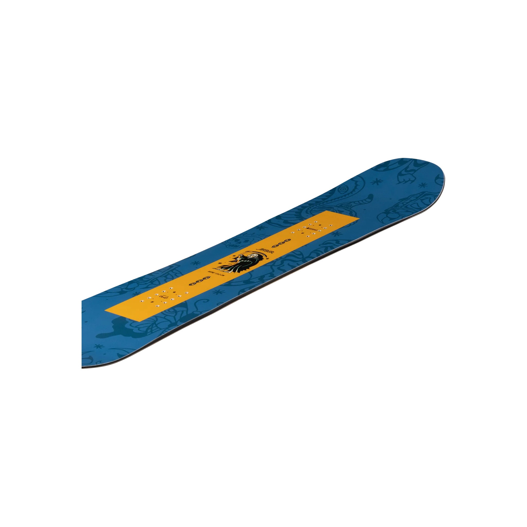 Arbor Junior's Votive Snowboard 2025 - A blue snowboard with a yellow stripe and black logo in the center.