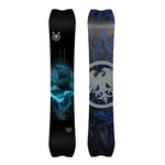 Never Summer V-Twin Snowboard 2025 - A black snowboard with a white logo at the top and a blue graphic of a ship on the bottom half.
