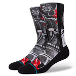 MANGA VADER KIDS CREW SK 2022 - A black crew sock with a large white graphic of Darth Vader from Star Wars on the top portion, and red accents around his chest plate and belt.