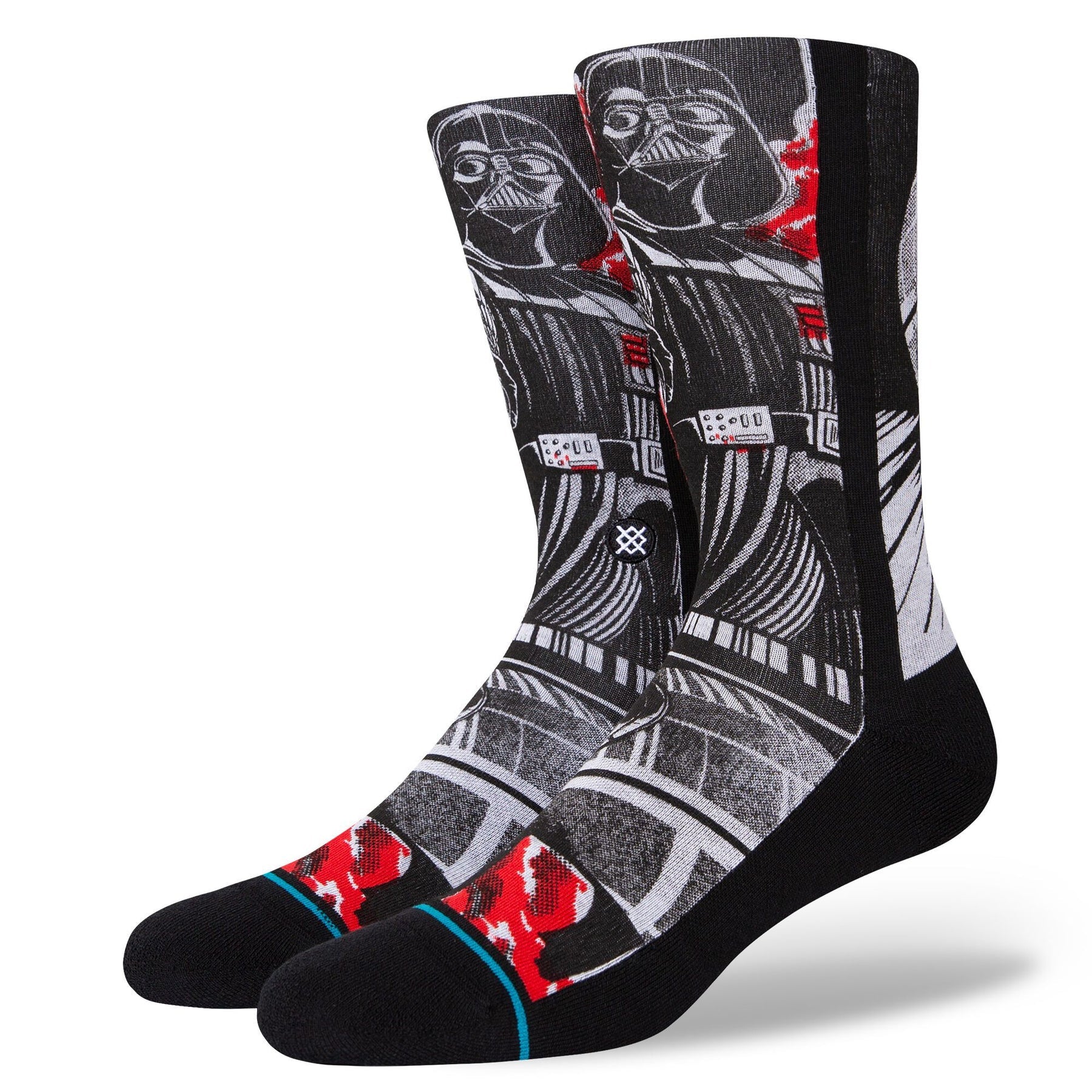 MANGA VADER KIDS CREW SK 2022 - A black crew sock with a large white graphic of Darth Vader from Star Wars on the top portion, and red accents around his chest plate and belt.