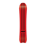 Never Summer Valhalla Snowboard 2025 - A red snowboard with a black stripe down the middle.