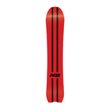 Never Summer Valhalla Snowboard 2025 - A red snowboard with a black stripe down the middle.