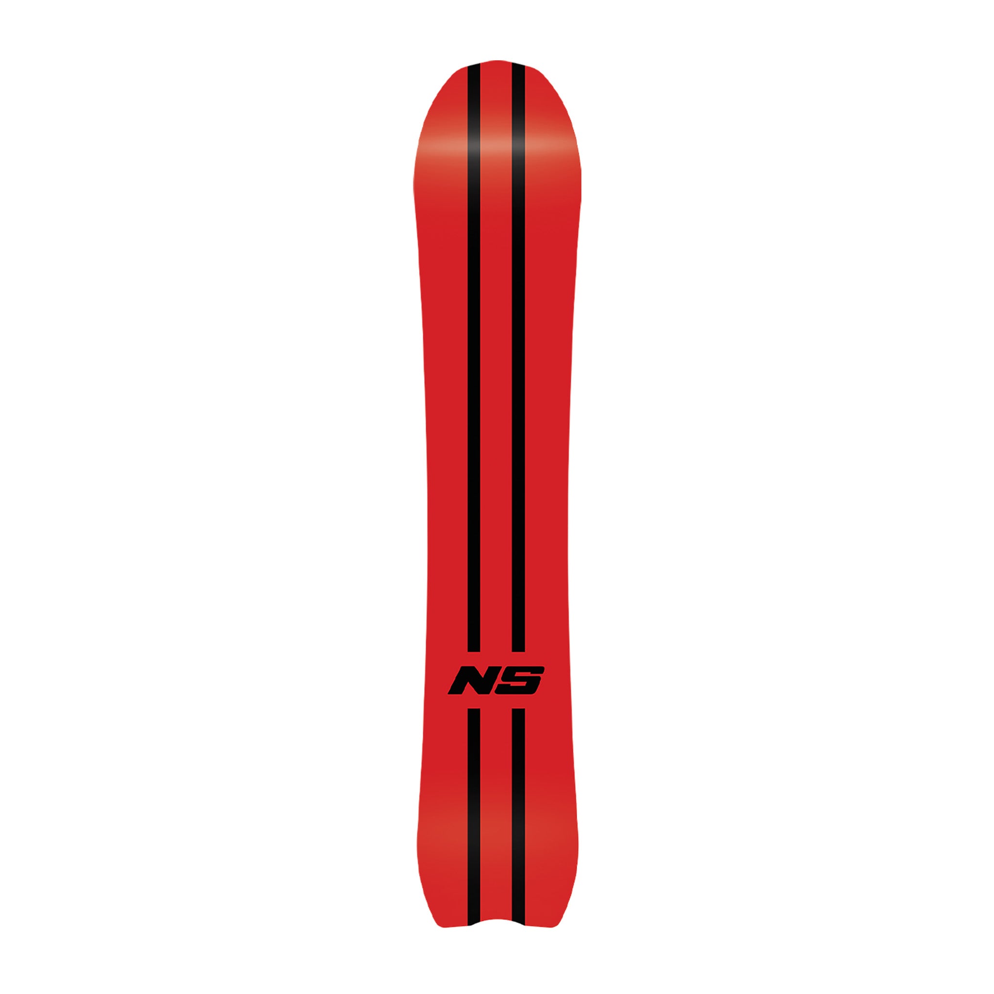 Never Summer Valhalla Snowboard 2025 - A red snowboard with a black stripe down the middle.