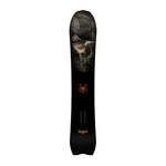 Never Summer Valhalla Snowboard 2025 - A black snowboard with a large ship sailing on choppy water printed on top.