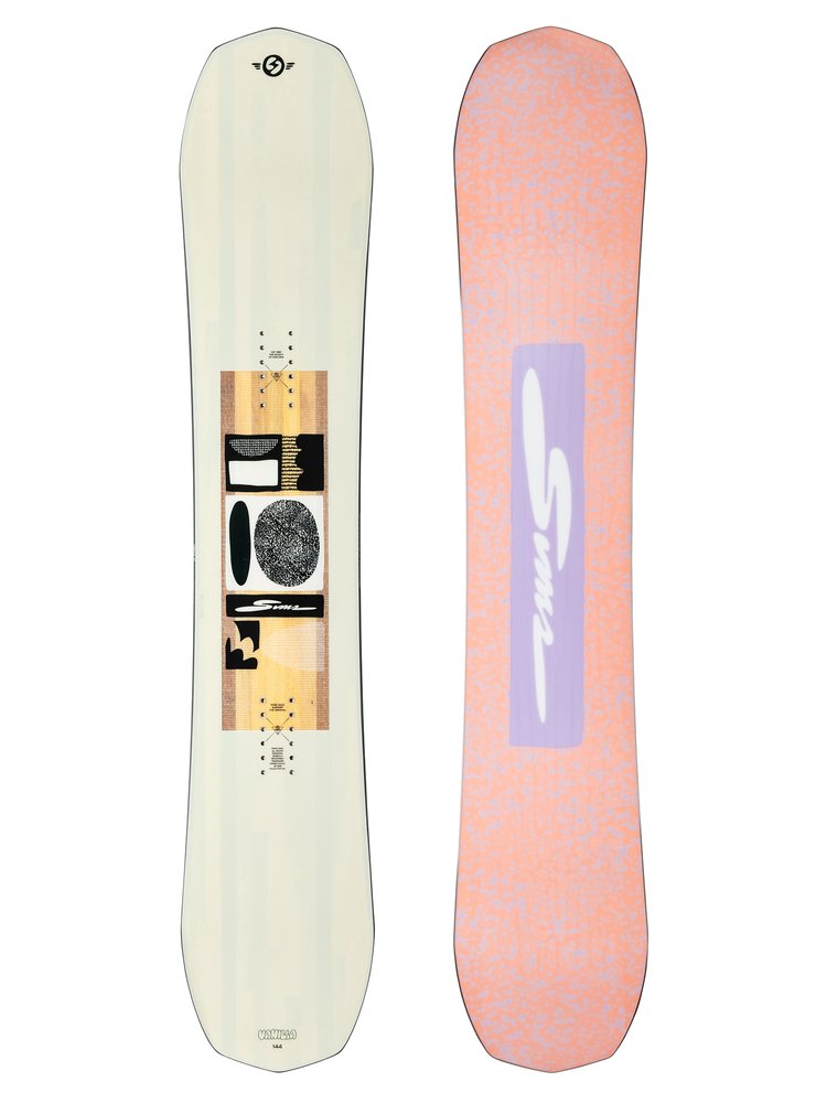Sims Women's Vanilla Snowboard 2025 - A cream-colored snowboard with a geometric pattern of black, white, and brown shapes on its center section.