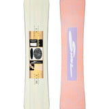 Sims Women's Vanilla Snowboard 2025 - A cream-colored snowboard with a geometric pattern of black, white, and brown shapes on its center section.