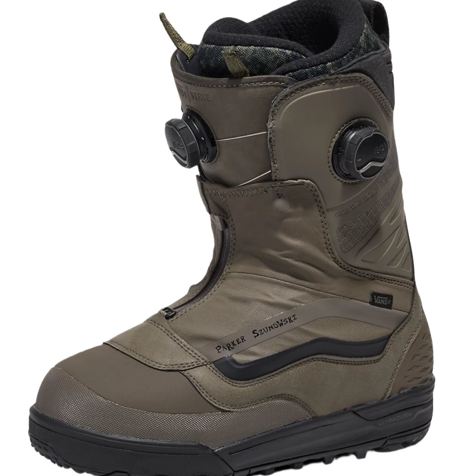Vans Men's Verse x Parker Szumowski Snowboard Boot 2025 - A dark brown snowboard boot with a black sole and laces, featuring a textured pattern on the side.