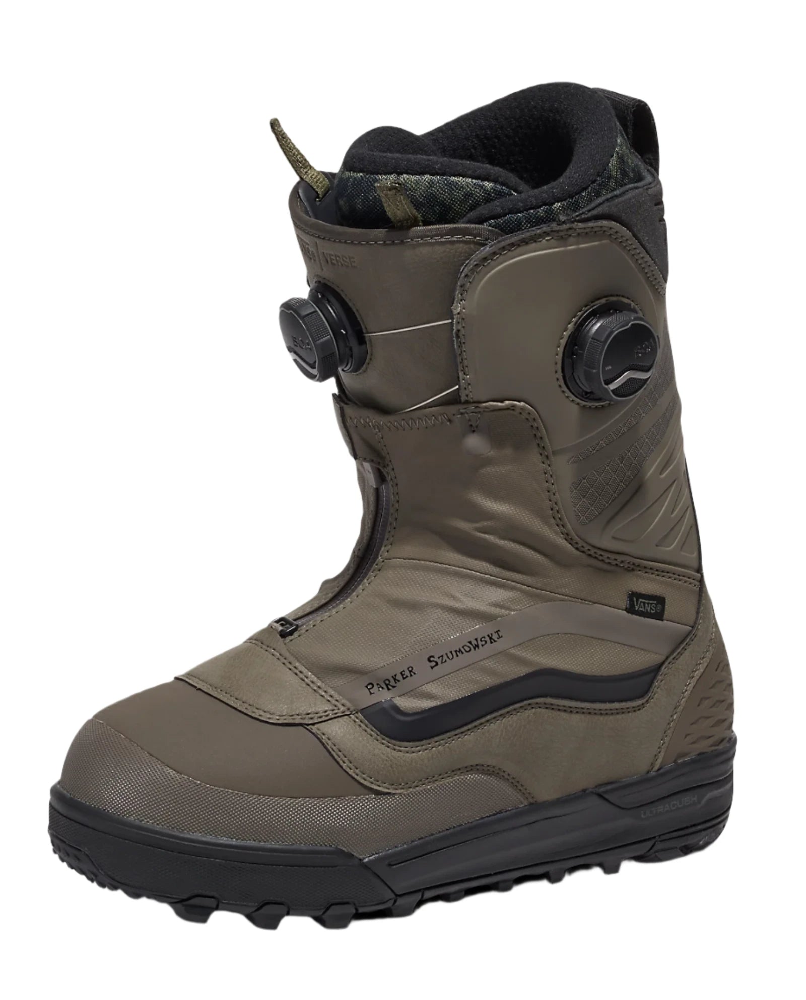 Vans Men's Verse x Parker Szumowski Snowboard Boot 2025 - A dark brown snowboard boot with a black sole and laces, featuring a textured pattern on the side.