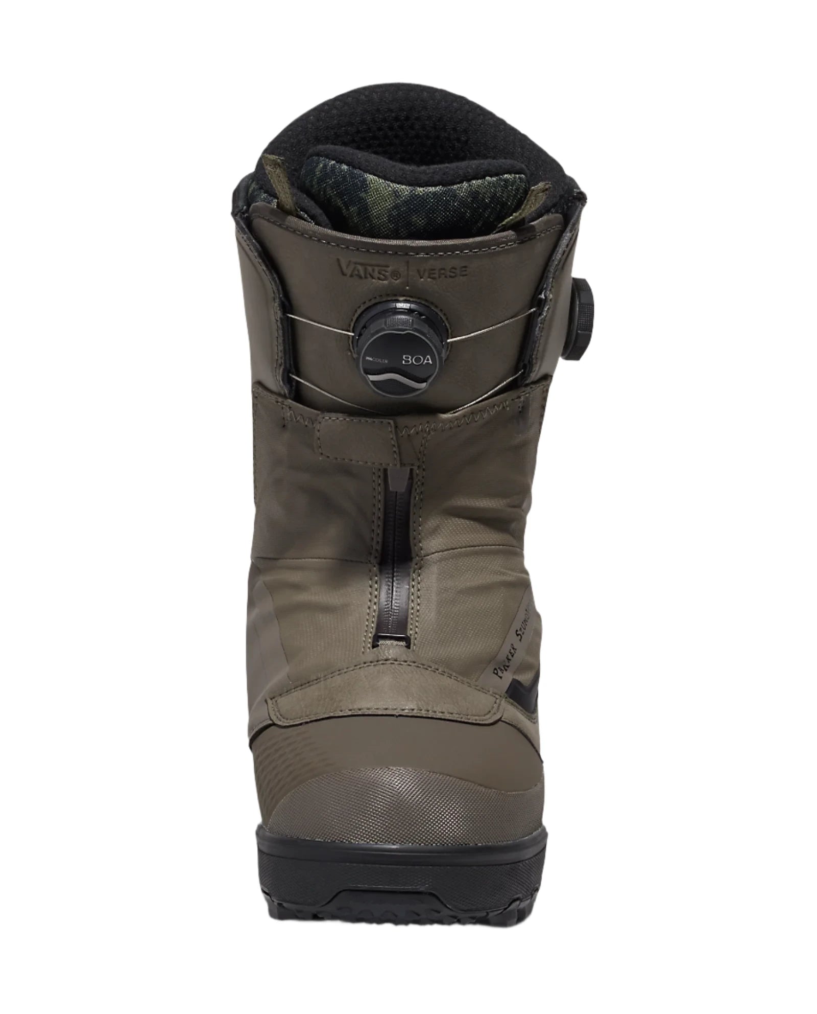 Vans Men's Verse x Parker Szumowski Snowboard Boot 2025 - A dark brown snowboard boot with a black strap and buckle on the side.