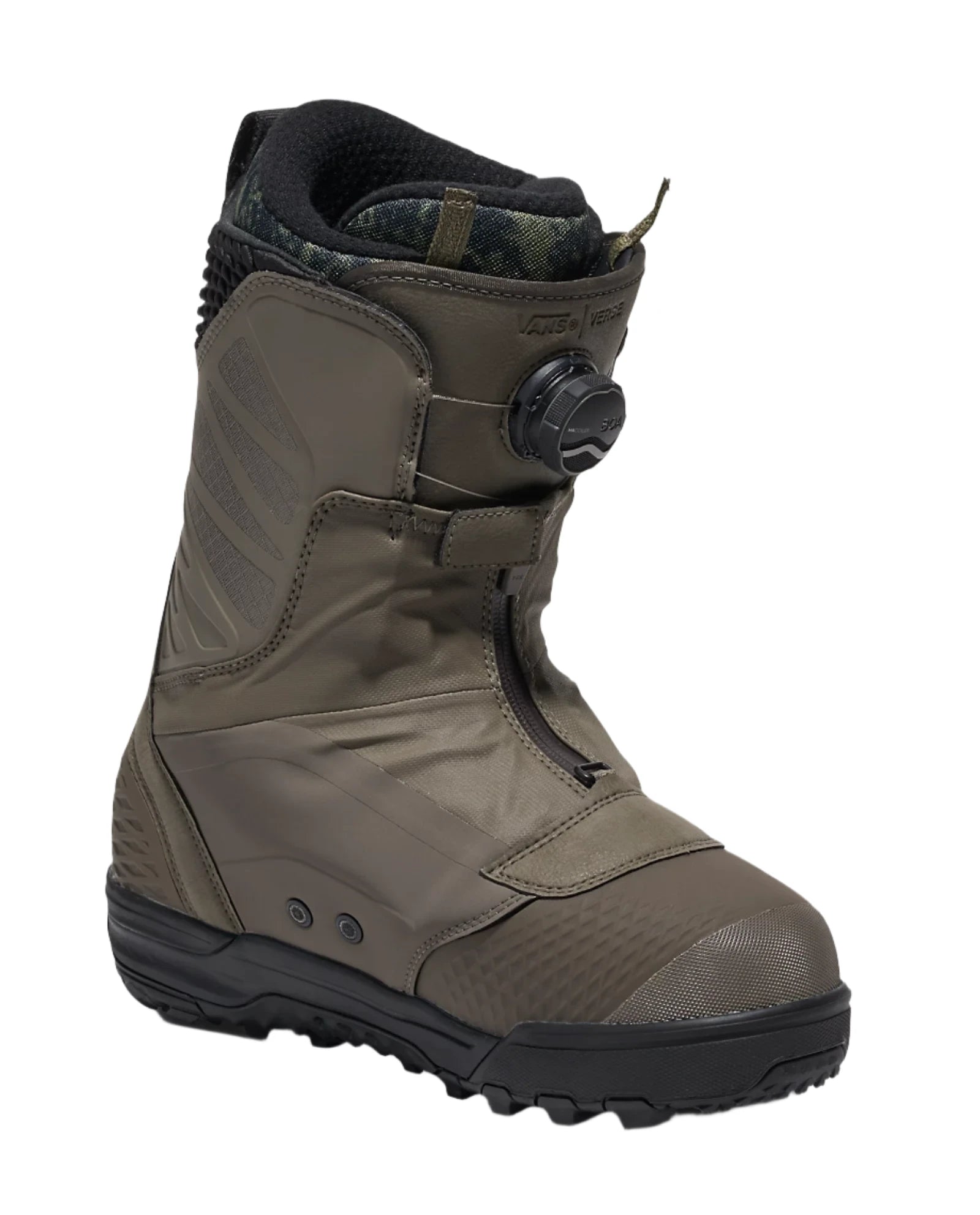 Vans Men's Verse x Parker Szumowski Snowboard Boot 2025 - A dark brown snowboard boot with a black strap and buckle on the side, set against a white background.