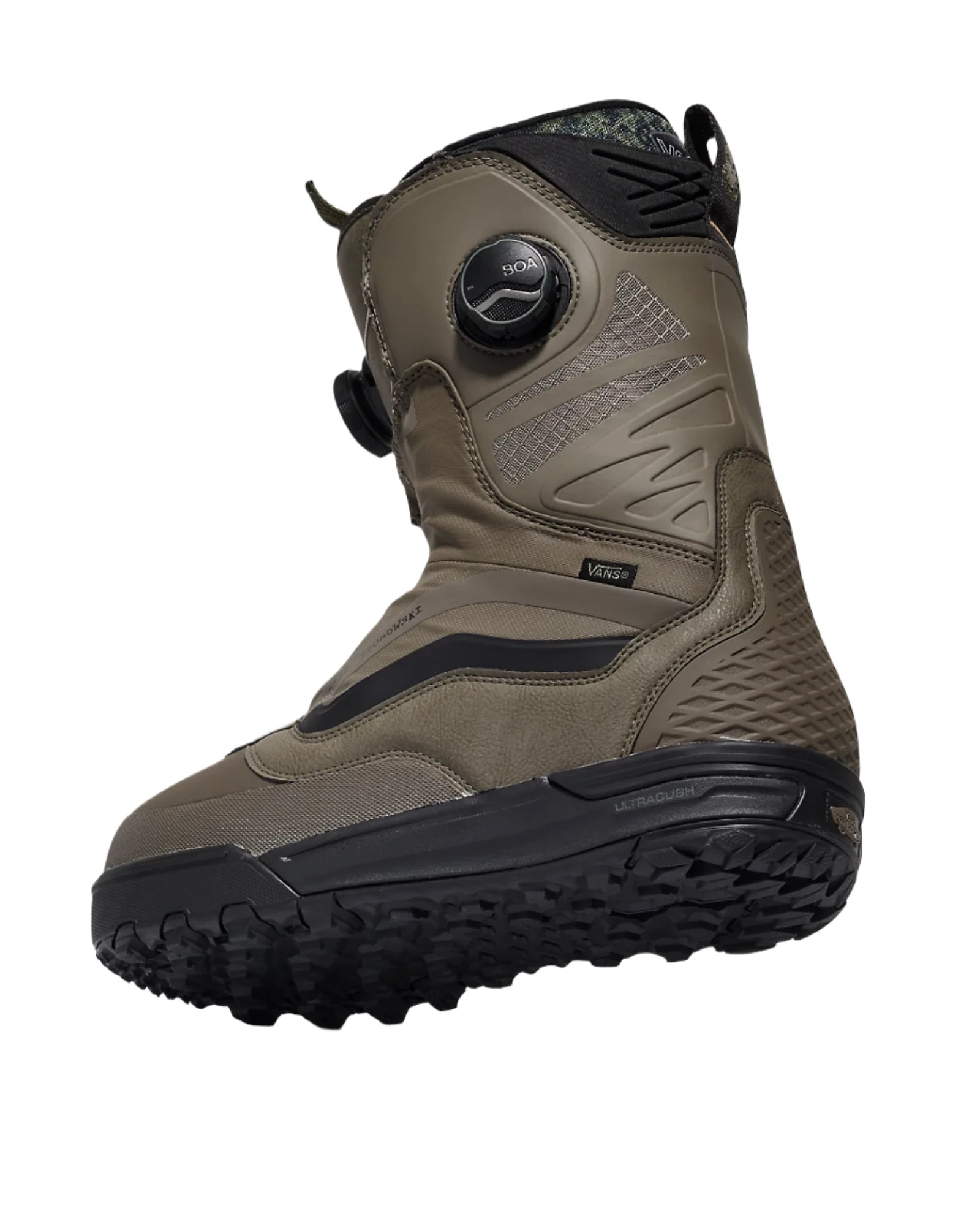 Vans Men's Verse x Parker Szumowski Snowboard Boot 2025 - A tan snowboard boot with a black logo on the side and a black sole.