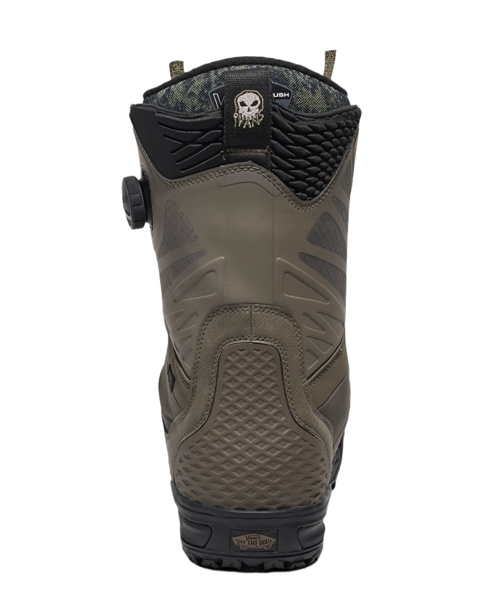 Vans Men's Verse x Parker Szumowski Snowboard Boot 2025 - A black snowboard boot with a white skull logo on the tongue and a strap buckle.