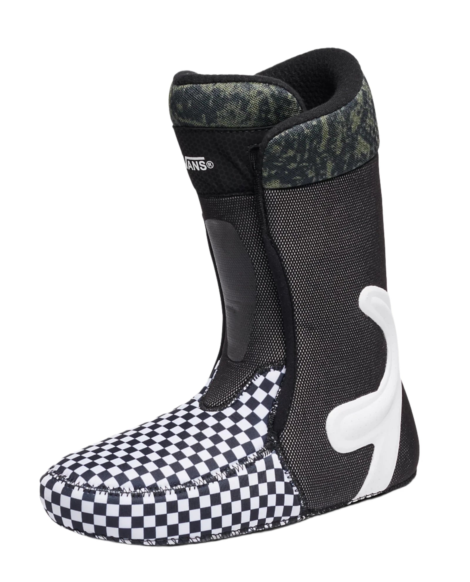Vans Men's Verse x Parker Szumowski Snowboard Boot 2025 - A black snowboard boot with a white checkered pattern on the toe and heel, featuring a camouflage pattern on the top.