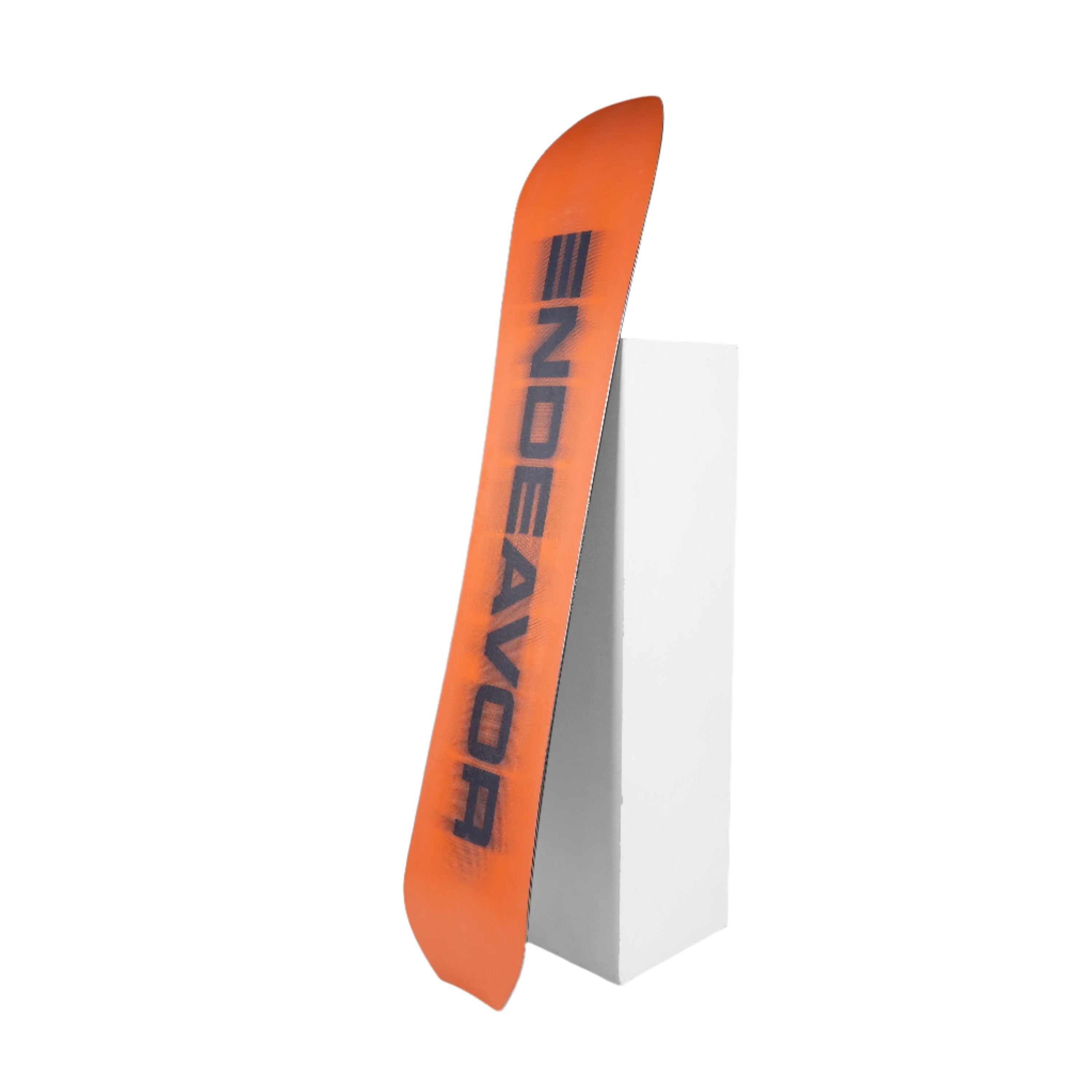 Endeavor Scout QSL Snowboard 2025 - A snowboard with a black and white logo on an orange background.