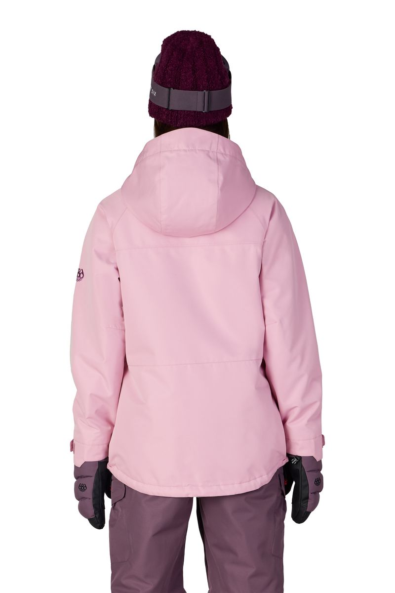 Women's insulated ski jacket, light pink, hooded back view, full-zip