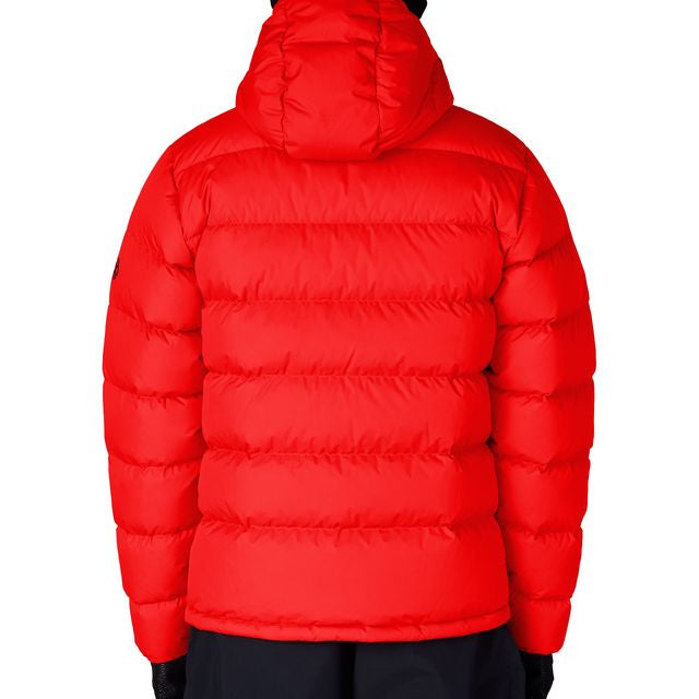 Red puffer down jacket, hooded back view, full-zip front, insulated shoulders