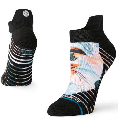 Stance Flowerful Performance Poly Tab Socks 2024 - A pair of black ankle socks with a colorful floral pattern on the top portion.