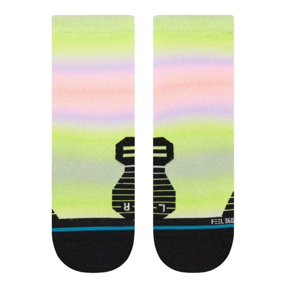 Stance Women's All Time Tab Sock 2023 - Pastel pink and green striped ankle socks with a blue stripe at the top.