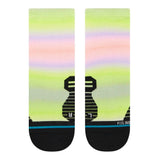 Stance Women's All Time Tab Sock 2023 - Pastel pink and green striped ankle socks with a blue stripe at the top.