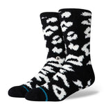 Stance Women's Purrfect Crew Sock - A black crew sock with a white cat face design and blue accents on the heel.