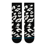 Stance Women's Purrfect Crew Sock 2025 - Black crew socks with white leopard print and teal stripe at the bottom.
