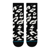 Stance Women's Purrfect Crew Sock 2025 - Black crew socks with white leopard print and teal stripe at the bottom.