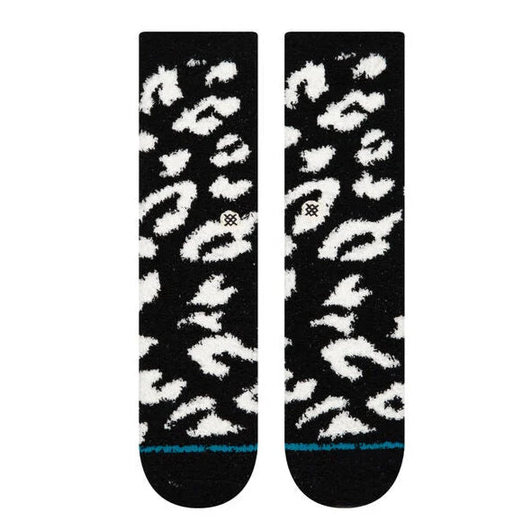 Stance Women's Purrfect Crew Sock 2025 - Black crew socks with white leopard print and teal stripe at the bottom.
