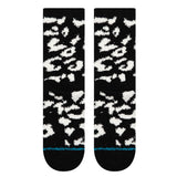 Stance Women's Purrfect Crew Sock - Black crew socks with white leopard print and teal stripe at bottom.