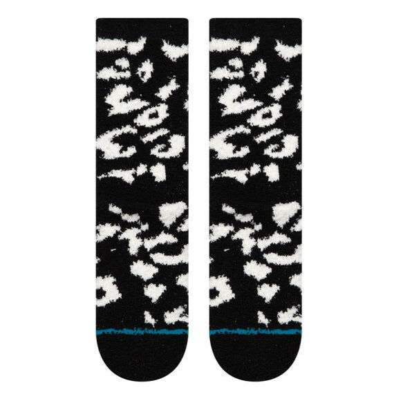 Stance Women's Purrfect Crew Sock - Black crew socks with white leopard print and teal stripe at bottom.