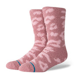 Stance Women's Purrfect Crew Sock 2025 - A pair of pink socks with a pattern of white cats and paw prints.