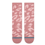 Stance Women's Purrfect Crew Sock - A pink sock with a leopard print design and blue stripe at the bottom.