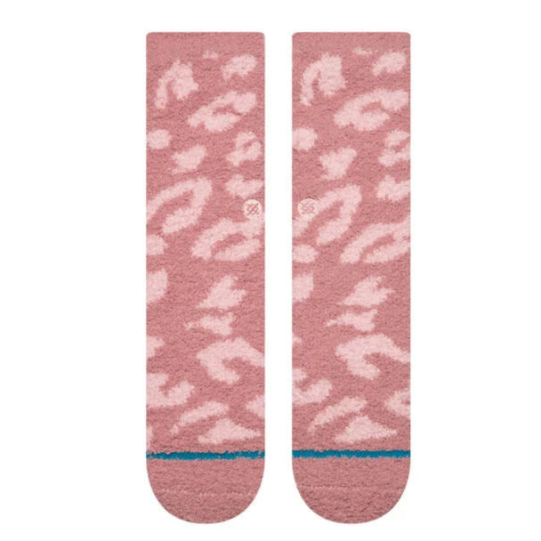 Stance Women's Purrfect Crew Sock - A pink sock with a leopard print design and blue stripe at the bottom.