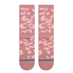 Stance Women's Purrfect Crew Sock - Pink socks with a leopard print design and blue stripe at the top.