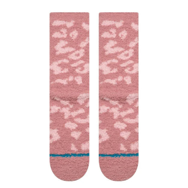 Stance Women's Purrfect Crew Sock - Pink socks with a leopard print design and blue stripe at the top.