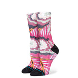 UNWIND CREW C SOCK LDS 2023 - Pink crew socks with a repeating pattern of white flowers and green leaves on a pink background.