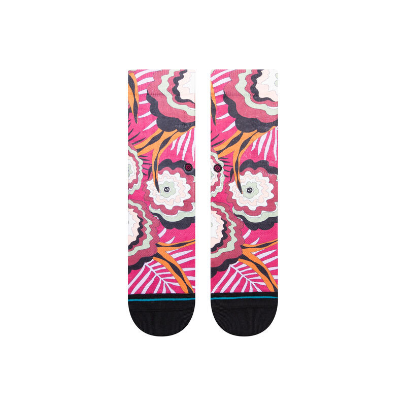 UNWIND CREW C SOCK LDS 2023 - Pink crew socks with a repeating pattern of white flowers and orange leaves on a pink background.