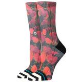 Stance Women's Riso Crew Sock 2024 - A pink and green floral patterned crew sock with a black heel and toe.