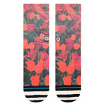 Stance Women's Riso Crew Sock 2024 - Pink and orange floral pattern with green leaves on a black background.