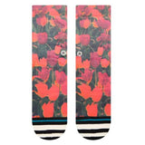 Stance Women's Riso Crew Sock 2024 - Pink and orange floral pattern with green leaves on a black background.