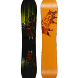 The Yes Warca Uninc JPS snowboard features a vibrant yellow deck with a bold silhouette of a fox's head in orange and black.