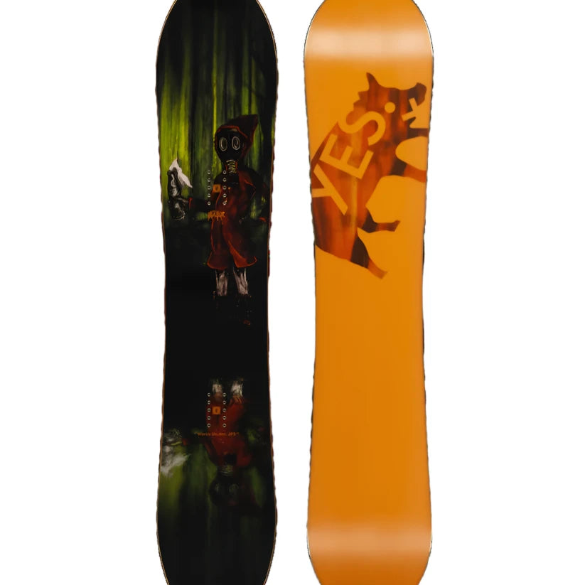 The Yes Warca Uninc JPS snowboard features a vibrant yellow deck with a bold silhouette of a fox's head in orange and black.
