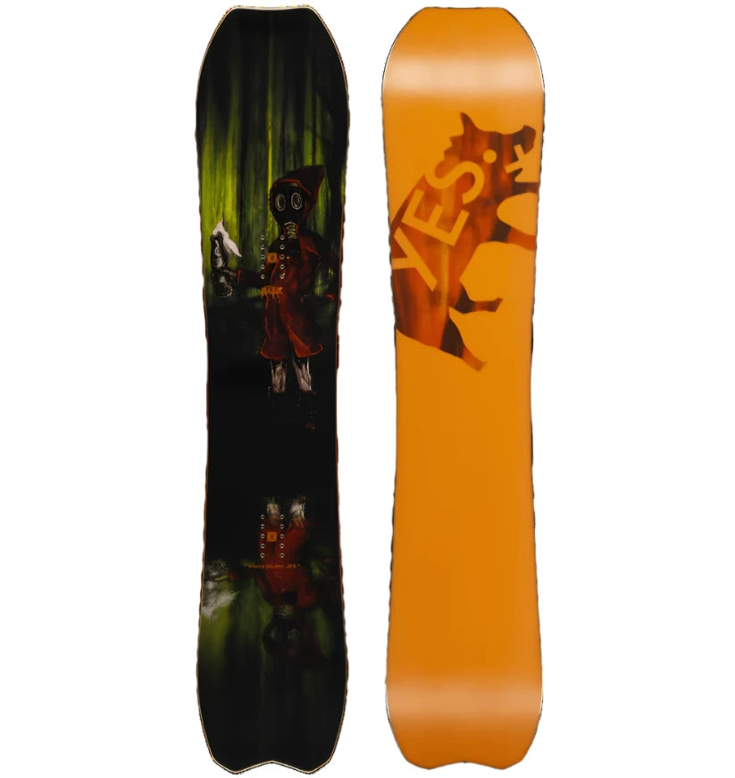 The Yes Warca Uninc JPS snowboard features a vibrant yellow deck with a bold silhouette of a fox's head in orange and black.
