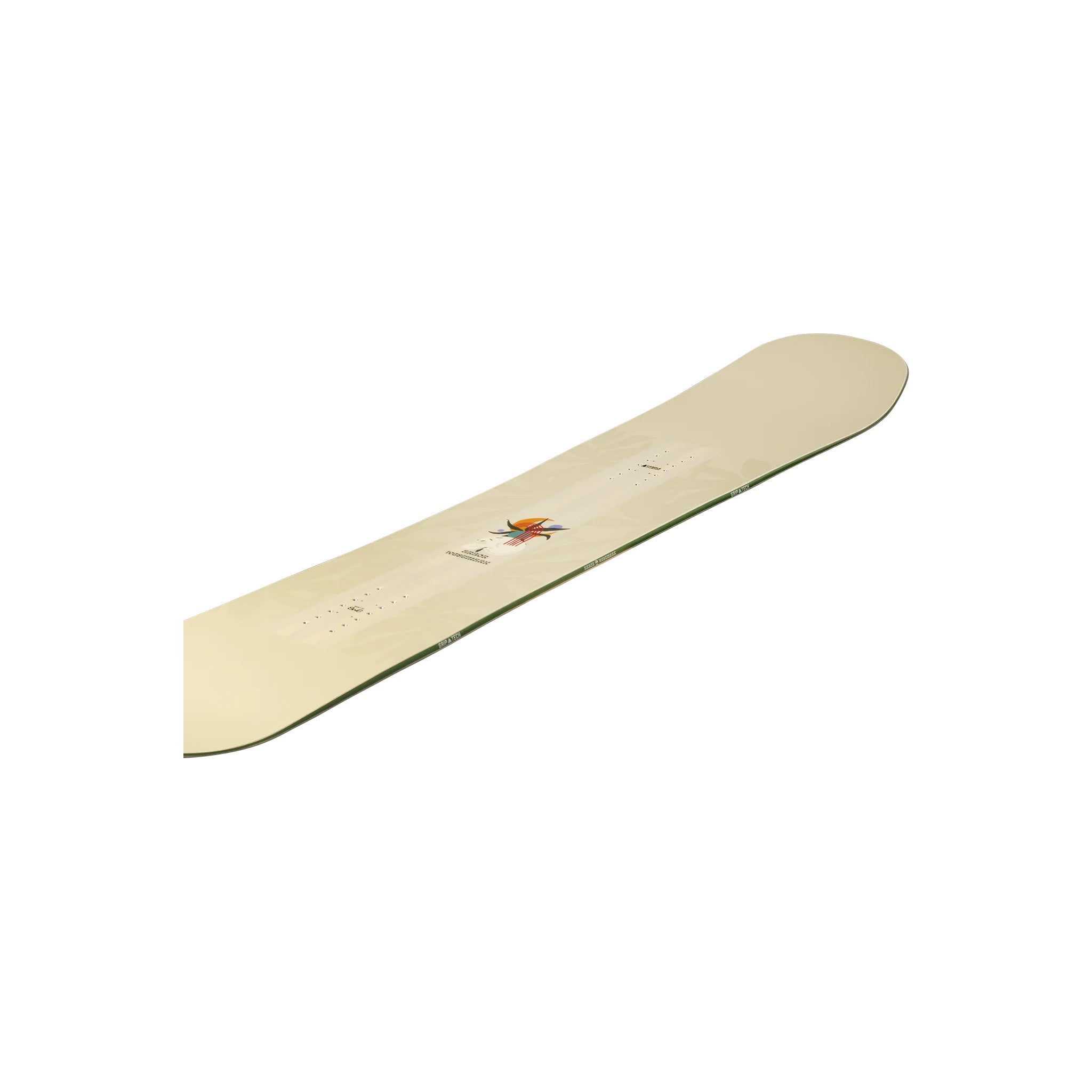 Arbor Westmark Rocker Snowboard 2025 - A cream-colored snowboard with a small, colorful logo featuring an orange bird and blue wings on its top surface.