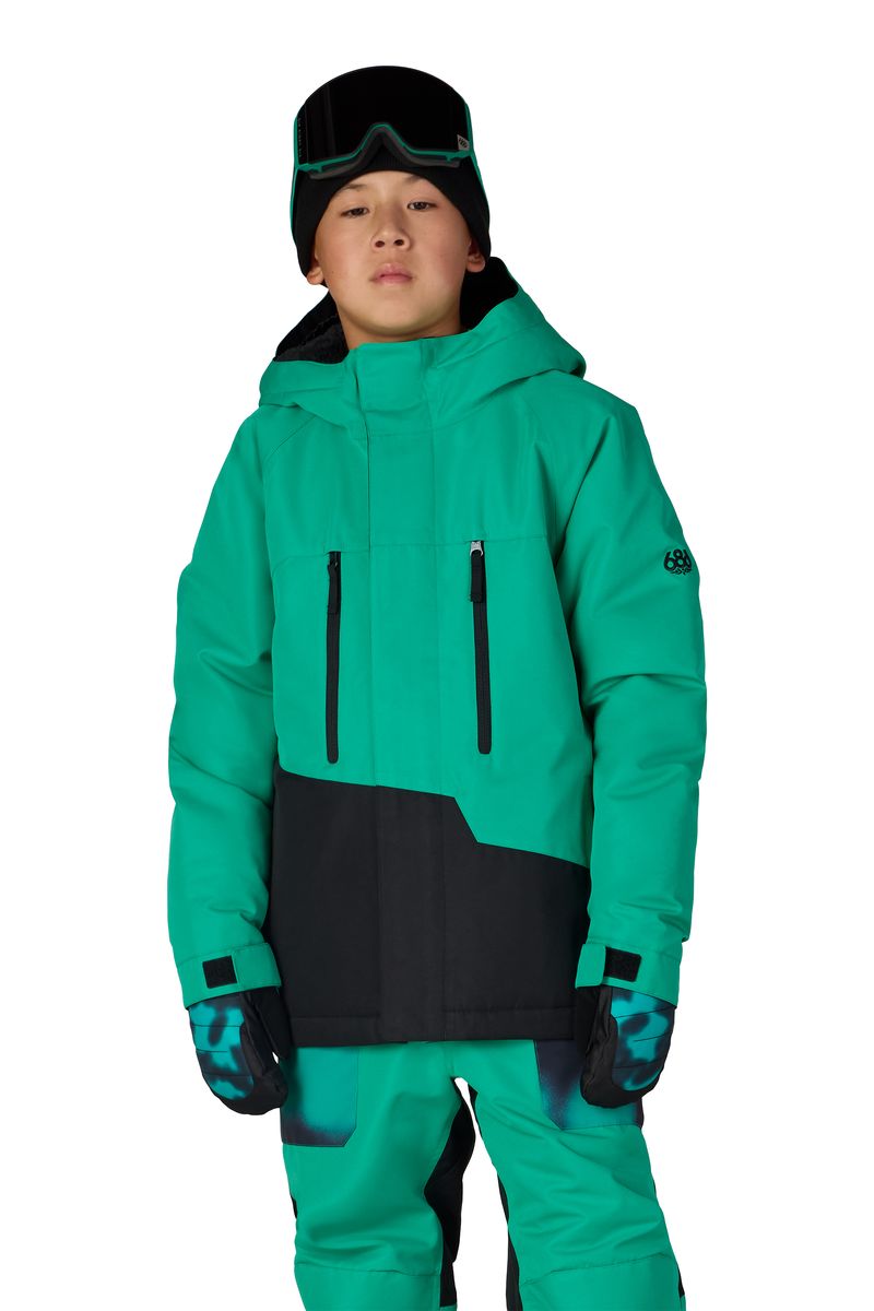 Boys' teal insulated jacket with black front panel, zip, hood and adjustable straps