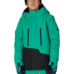 Boys' teal insulated jacket with black front panel, zip, hood and adjustable straps