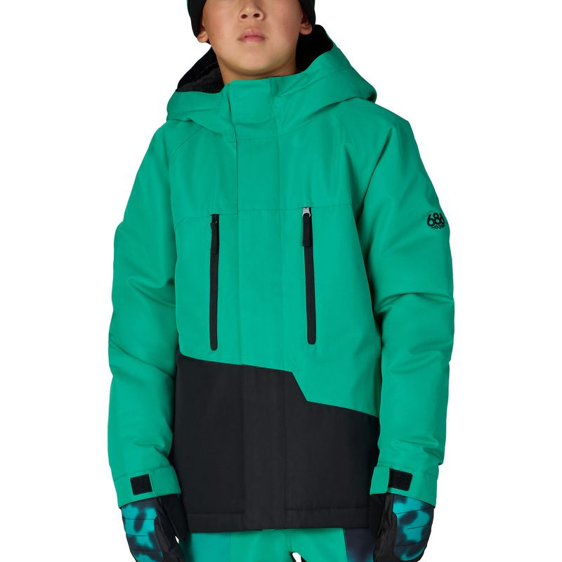 Boys' teal insulated jacket with black front panel, zip, hood and adjustable straps
